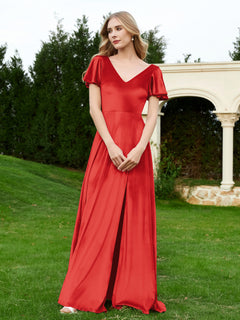 V Neck Flutter Sleeves Velvet Dress with Slit Red Plus Size