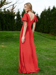 V Neck Flutter Sleeves Velvet Dress with Slit Red