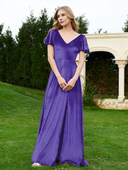 V Neck Flutter Sleeves Velvet Dress with Slit Regency