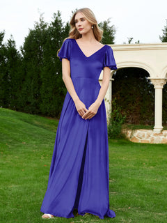 V Neck Flutter Sleeves Velvet Dress with Slit Royal Blue