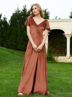 V Neck Flutter Sleeves Velvet Dress with Slit Rust Plus Size