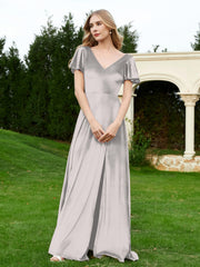 V Neck Flutter Sleeves Velvet Dress with Slit Silver