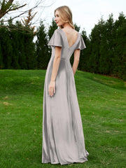 V Neck Flutter Sleeves Velvet Dress with Slit Silver