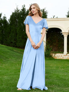 V Neck Flutter Sleeves Velvet Dress with Slit Sky Blue Plus Size