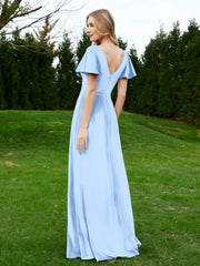 V Neck Flutter Sleeves Velvet Dress with Slit Sky Blue