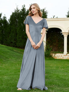 V Neck Flutter Sleeves Velvet Dress with Slit Slate Blue