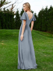 V Neck Flutter Sleeves Velvet Dress with Slit Slate Blue
