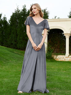 V Neck Flutter Sleeves Velvet Dress with Slit Steel Grey