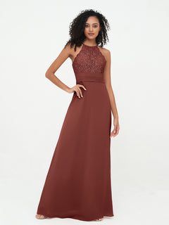 Halter Lace Top and Chiffon Open Back Dresses Terracotta