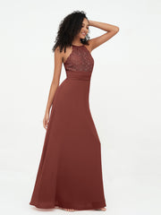 Halter Lace Top and Chiffon Open Back Dresses Terracotta