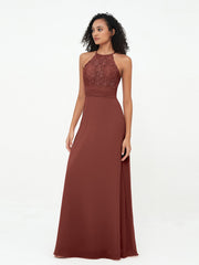 Halter Lace Top and Chiffon Open Back Dresses Terracotta