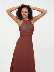 Halter Lace Top and Chiffon Open Back Dresses Terracotta
