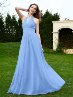 Lace Tulle Bridesmaid Gown Halter Neckline Blue