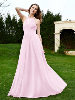 Lace Tulle Bridesmaid Gown Halter Neckline Blushing Pink