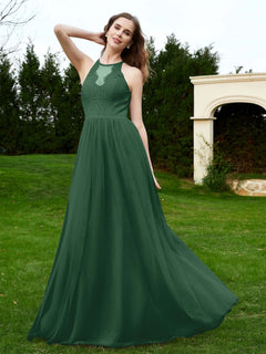 Lace Tulle Bridesmaid Gown Halter Neckline Dark Green