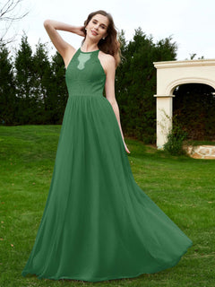 Lace Tulle Bridesmaid Gown Halter Neckline Emerald