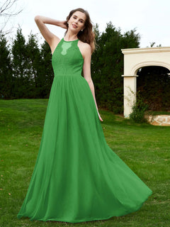 Lace Tulle Bridesmaid Gown Halter Neckline Green
