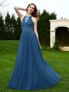Lace Tulle Bridesmaid Gown Halter Neckline Ink Blue