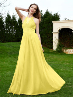 Lace Tulle Bridesmaid Gown Halter Neckline Lemon
