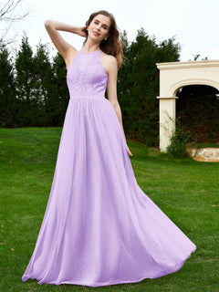 Lace Tulle Bridesmaid Gown Halter Neckline Lilac