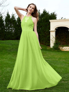 Lace Tulle Bridesmaid Gown Halter Neckline Lime Green