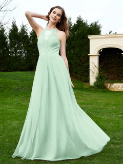 Lace Tulle Bridesmaid Gown Halter Neckline Mint Green