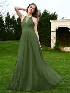 Lace Tulle Bridesmaid Gown Halter Neckline Moss