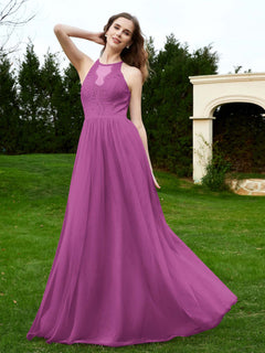 Lace Tulle Bridesmaid Gown Halter Neckline Orchid