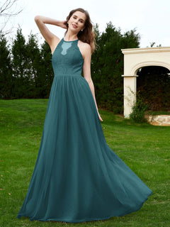 Lace Tulle Bridesmaid Gown Halter Neckline Peacock