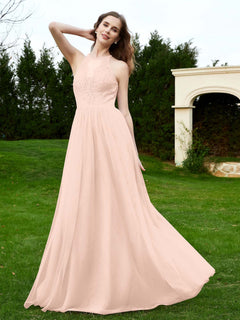 Lace Tulle Bridesmaid Gown Halter Neckline Pearl Pink