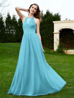 Lace Tulle Bridesmaid Gown Halter Neckline Pool