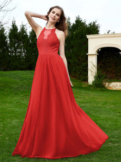 Lace Tulle Bridesmaid Gown Halter Neckline Red