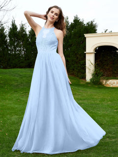 Lace Tulle Bridesmaid Gown Halter Neckline Sky Blue