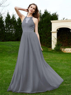 Lace Tulle Bridesmaid Gown Halter Neckline Steel Grey