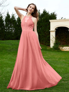 Lace Tulle Bridesmaid Gown Halter Neckline Sunset