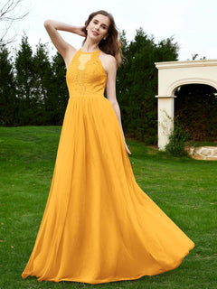 Lace Tulle Bridesmaid Gown Halter Neckline Tangerine