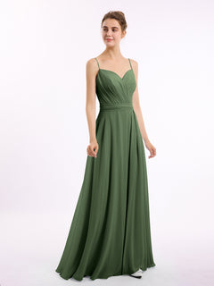 Spaghetti Strap Sweetheart Neck Chiffon Dress Olive Green