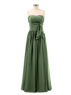 Long Strapless Chiffon Bridesmaid Dress-Olive Green