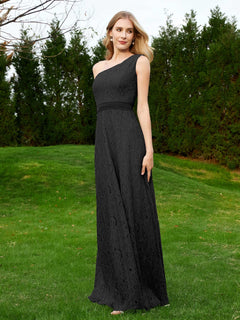 One Shoulder Floor Length Lace Bridesmaid Gown Black