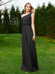 One Shoulder Floor Length Lace Bridesmaid Gown Black