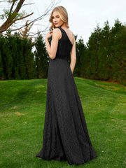 One Shoulder Floor Length Lace Bridesmaid Gown Black