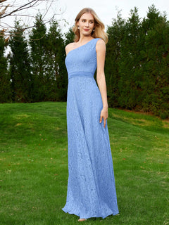 One Shoulder Floor Length Lace Bridesmaid Gown Blue