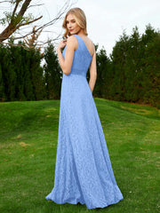 One Shoulder Floor Length Lace Bridesmaid Gown Blue