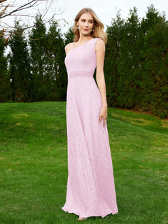 One Shoulder Floor Length Lace Bridesmaid Gown Blushing Pink