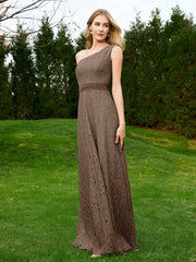 One Shoulder Floor Length Lace Bridesmaid Gown Brown Plus Size