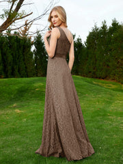 One Shoulder Floor Length Lace Bridesmaid Gown Brown Plus Size