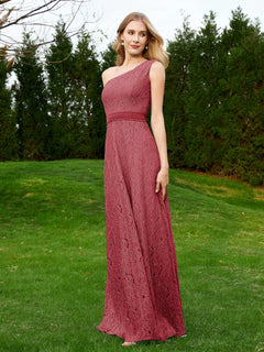 One Shoulder Floor Length Lace Bridesmaid Gown Burgundy