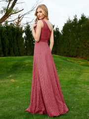 One Shoulder Floor Length Lace Bridesmaid Gown Burgundy