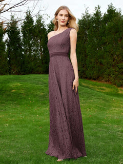 One Shoulder Floor Length Lace Bridesmaid Gown Cabernet