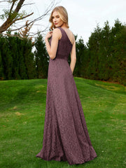 One Shoulder Floor Length Lace Bridesmaid Gown Cabernet
